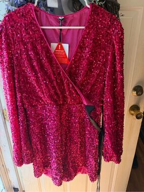 Hot Pink Sequin Wrap Romper